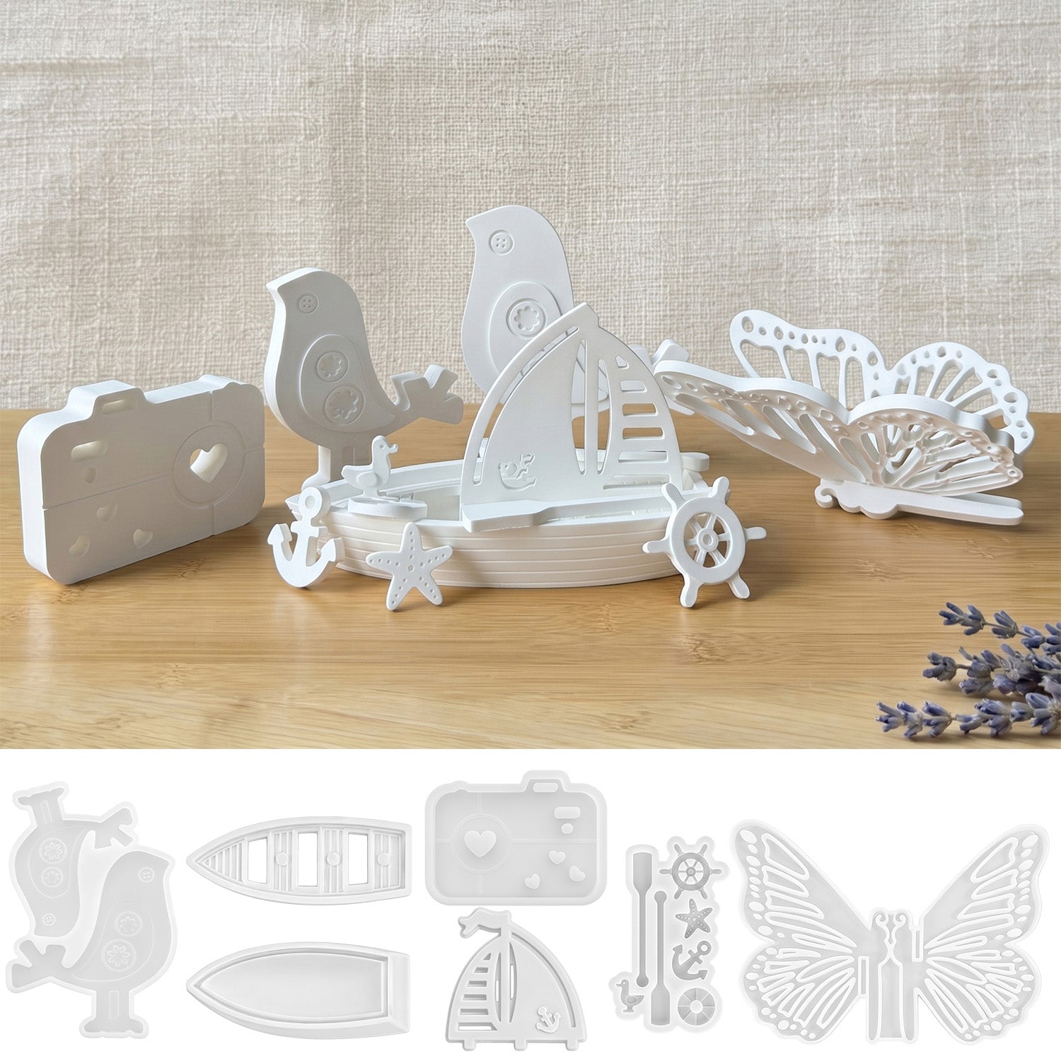 Silikonformen-Set Segelboot, Schmetterling, Vögel & Kamera (Mode:BJ01)